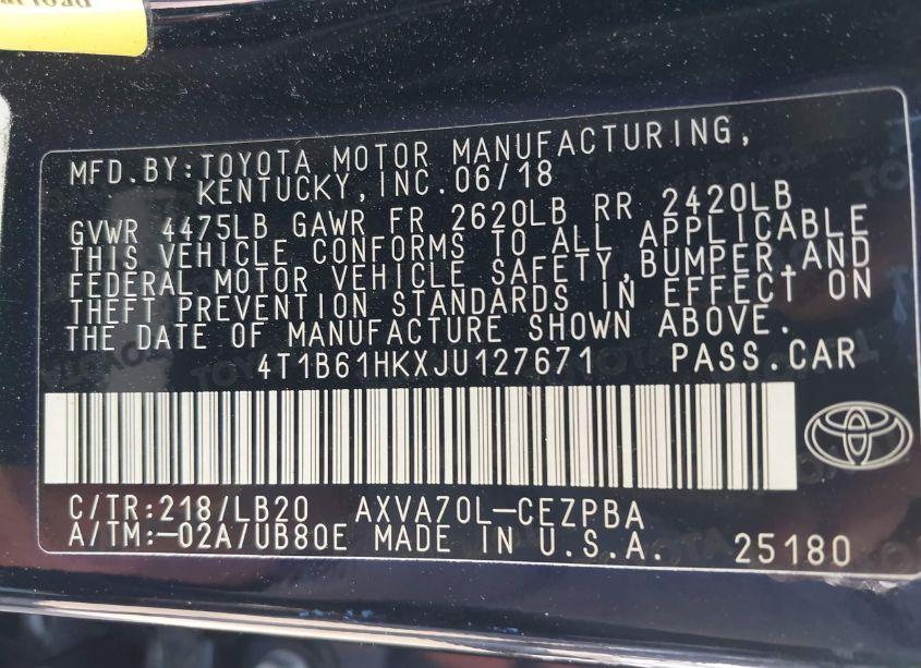 Photo 9 of 2018 Toyota Camry XSE (VIN 4T1B61HKXJU127671)