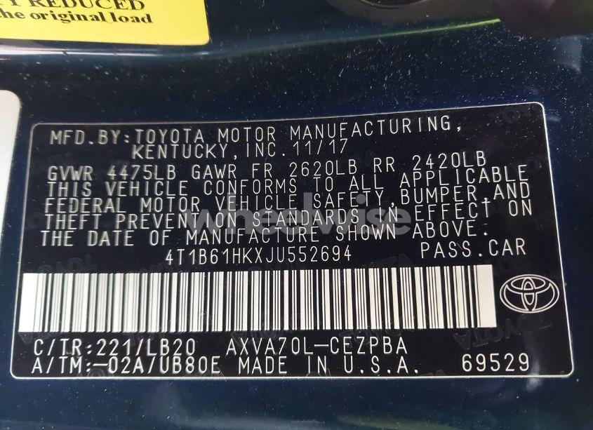 Photo 9 of 2018 Toyota Camry XSE (VIN 4T1B61HKXJU552694)