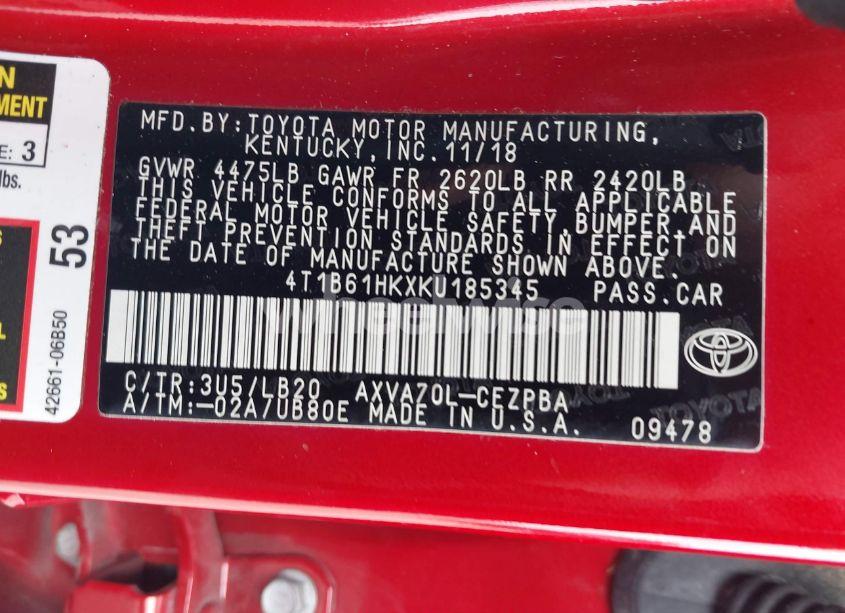 Photo 9 of 2019 Toyota Camry XSE (VIN 4T1B61HKXKU185345)