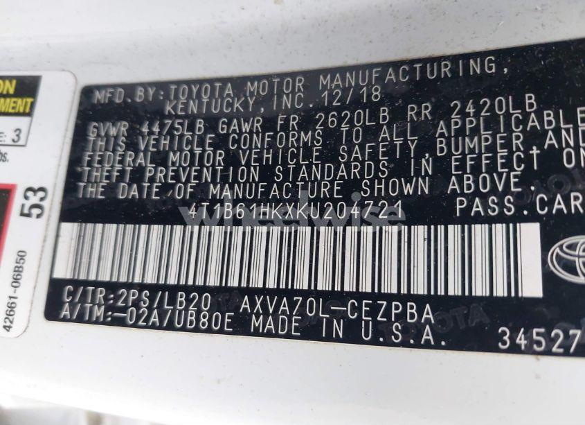 Photo 9 of 2019 Toyota Camry XSE (VIN 4T1B61HKXKU204721)