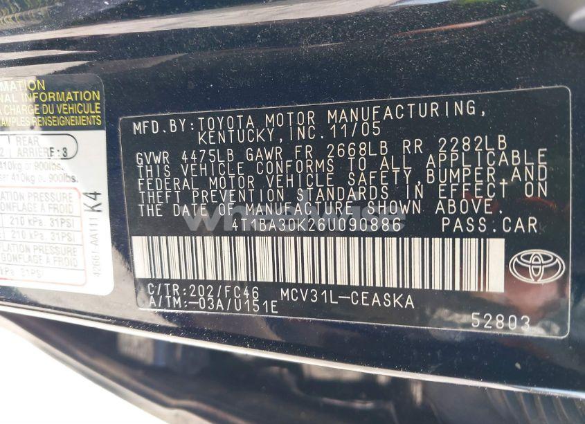 Photo 9 of 2006 Toyota Camry SE V6 (VIN 4T1BA30K26U090886)