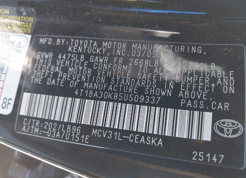 Photo 9 of 2005 Toyota Camry SE V6 (VIN 4T1BA30K85U509337)