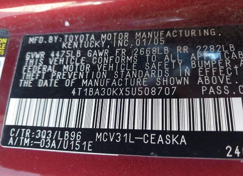 Photo 9 of 2005 Toyota Camry SE V6 (VIN 4T1BA30KX5U508707)