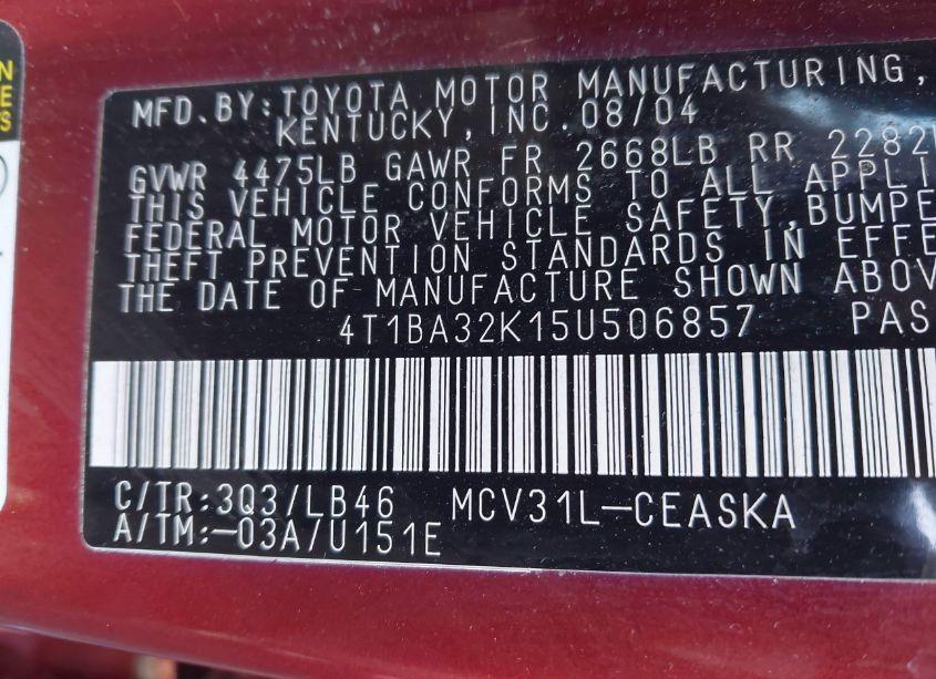 Photo 9 of 2005 Toyota Camry SE V6 (VIN 4T1BA32K15U506857)