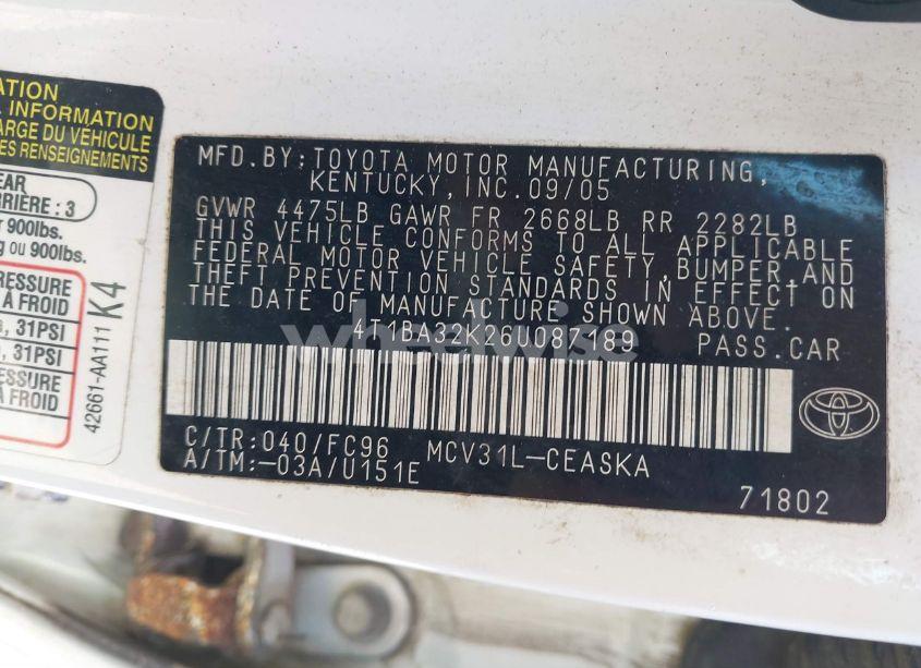 Photo 9 of 2006 Toyota Camry SE V6 (VIN 4T1BA32K26U087189)