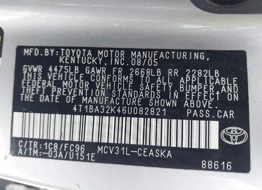 Photo 9 of 2006 Toyota Camry SE V6 (VIN 4T1BA32K46U082821)
