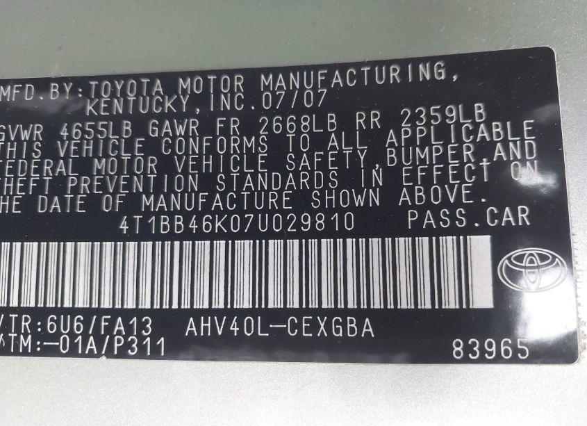 Photo 9 of 2007 Toyota Camry HYBRID (VIN 4T1BB46K07U029810)