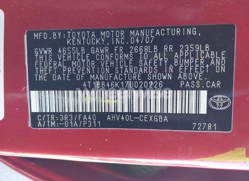 Photo 9 of 2007 Toyota Camry HYBRID (VIN 4T1BB46K17U020226)