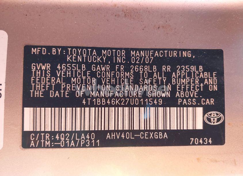 Photo 9 of 2007 Toyota Camry HYBRID (VIN 4T1BB46K27U011549)