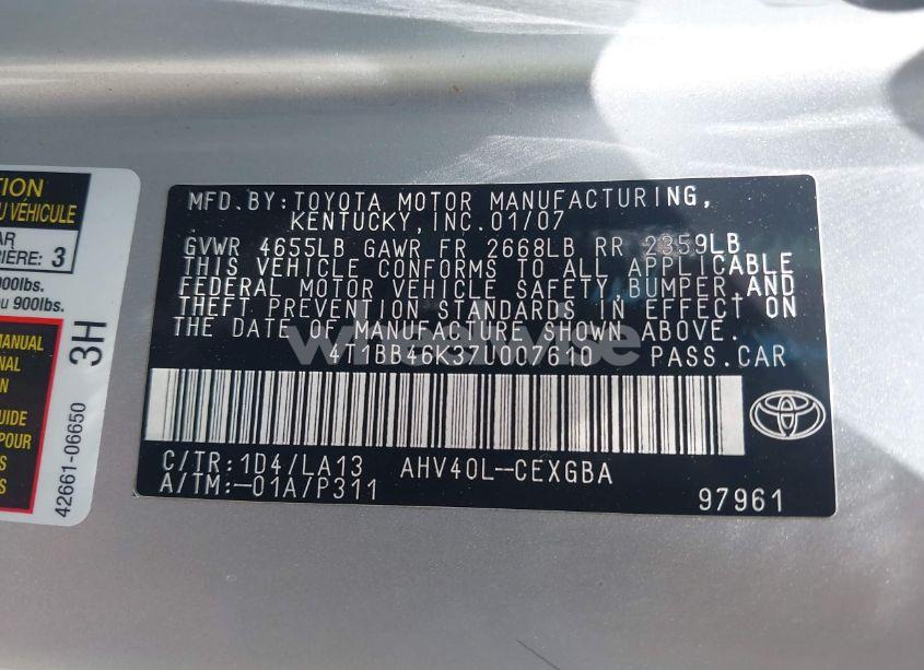 Photo 9 of 2007 Toyota Camry HYBRID (VIN 4T1BB46K37U007610)