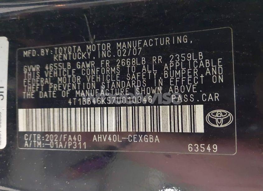 Photo 9 of 2007 Toyota Camry HYBRID (VIN 4T1BB46K57U010346)