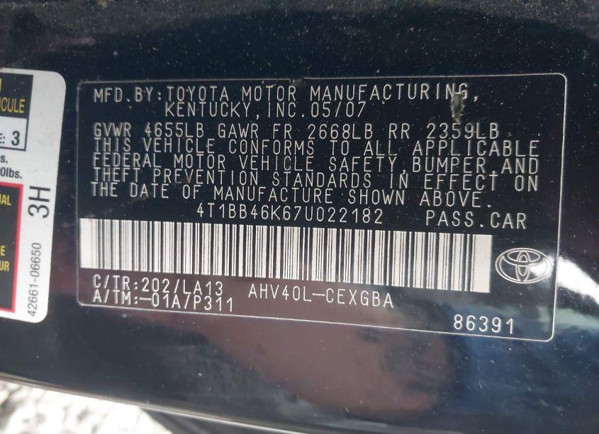 Photo 9 of 2007 Toyota Camry HYBRID (VIN 4T1BB46K67U022182)