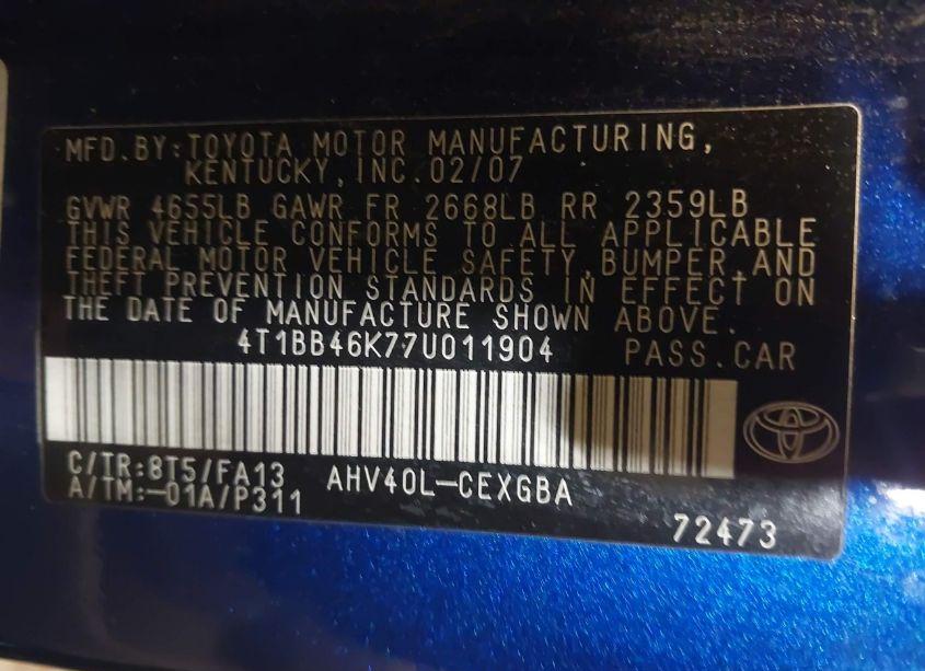 Photo 9 of 2007 Toyota Camry HYBRID (VIN 4T1BB46K77U011904)