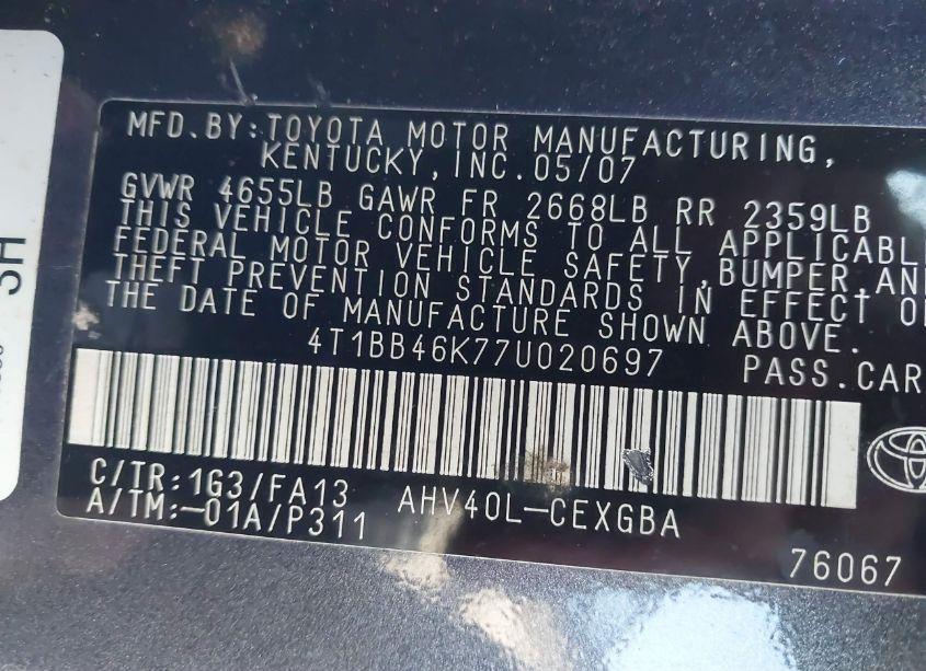 Photo 9 of 2007 Toyota Camry HYBRID (VIN 4T1BB46K77U020697)