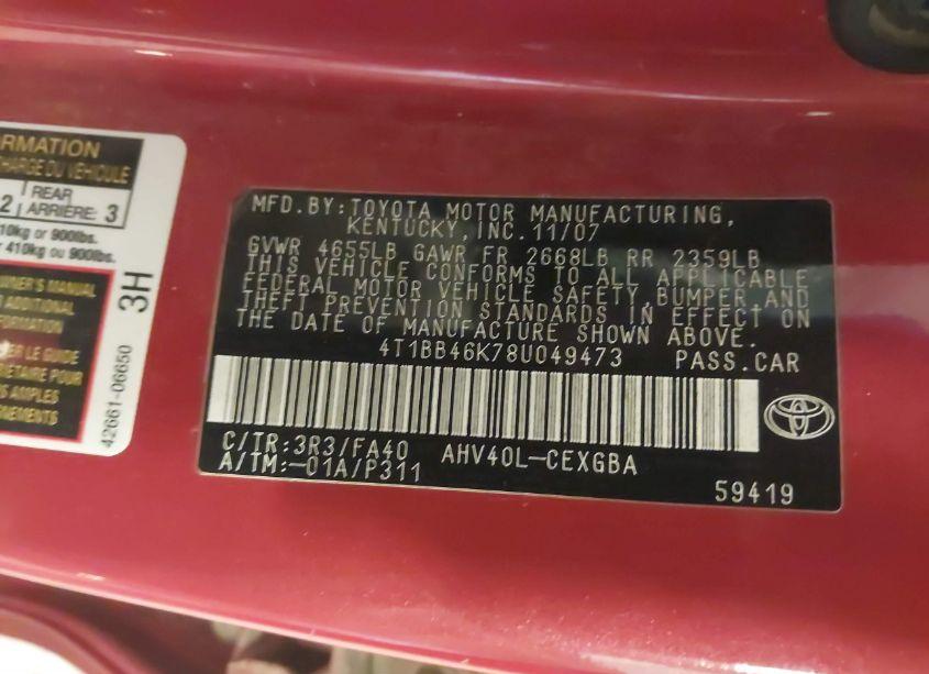 Photo 9 of 2008 Toyota Camry HYBRID (VIN 4T1BB46K78U049473)