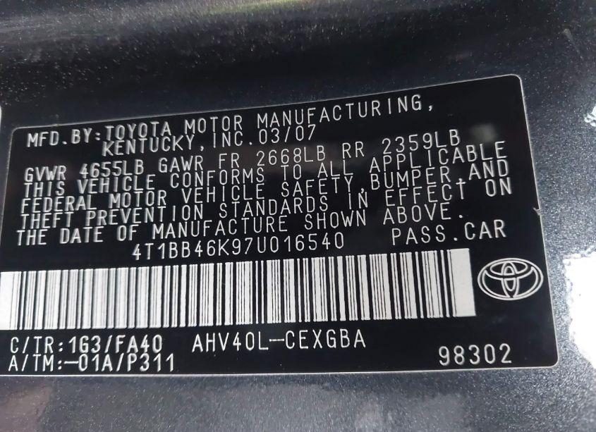 Photo 9 of 2007 Toyota Camry HYBRID (VIN 4T1BB46K97U016540)