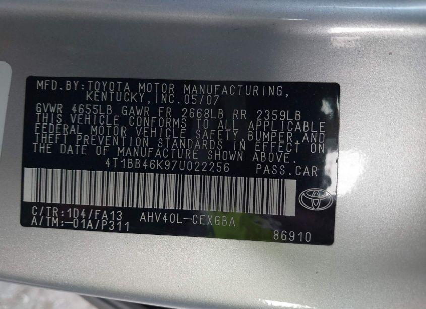 Photo 9 of 2007 Toyota Camry HYBRID (VIN 4T1BB46K97U022256)