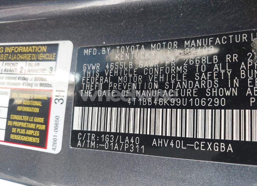 Photo 9 of 2009 Toyota Camry HYBRID (VIN 4T1BB46K99U106290)