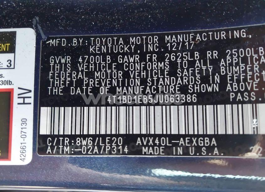 Photo 9 of 2018 Toyota Avalon HYBRID XLE PREMIUM (VIN 4T1BD1EB5JU063386)