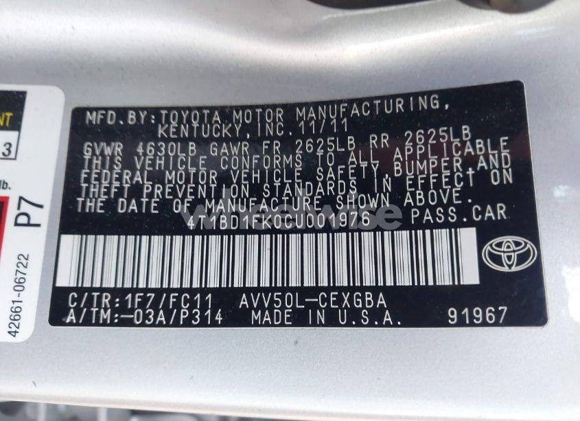 Photo 9 of 2012 Toyota Camry HYBRID XLE (VIN 4T1BD1FK0CU001976)