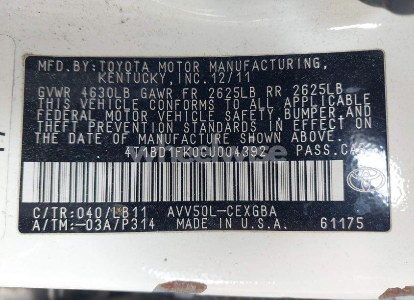 Photo 9 of 2012 Toyota Camry HYBRID XLE (VIN 4T1BD1FK0CU004392)