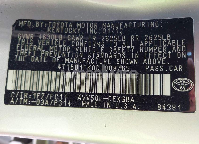 Photo 9 of 2012 Toyota Camry HYBRID XLE (VIN 4T1BD1FK0CU008765)