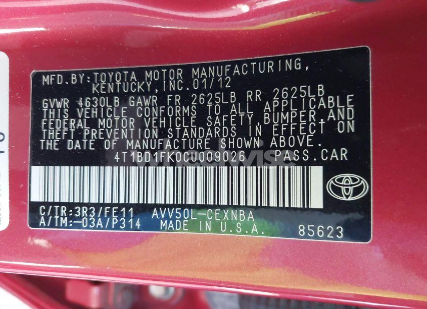 Photo 9 of 2012 Toyota Camry HYBRID LE (VIN 4T1BD1FK0CU009026)