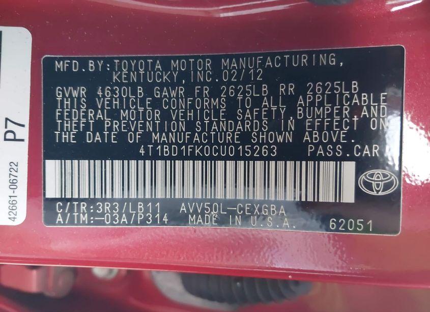 Photo 9 of 2012 Toyota Camry HYBRID XLE (VIN 4T1BD1FK0CU015263)