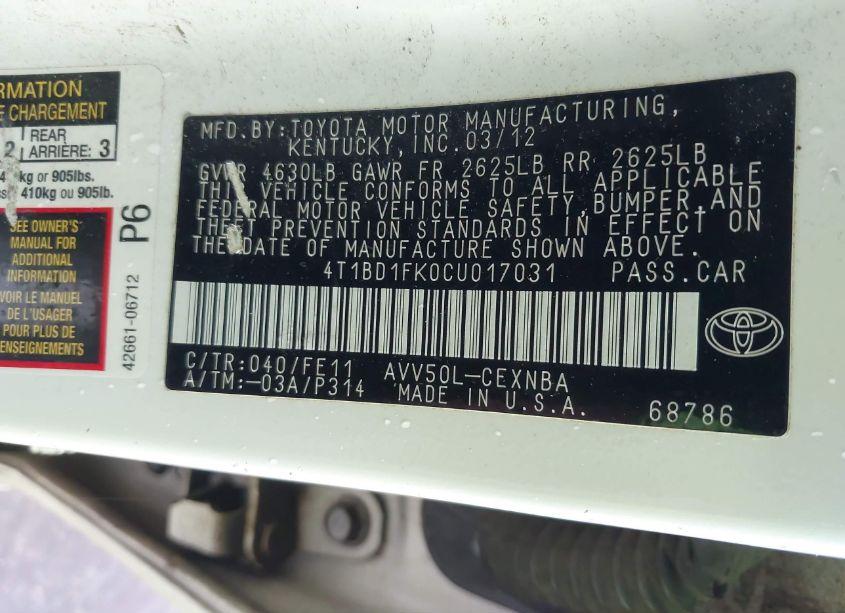 Photo 9 of 2012 Toyota Camry HYBRID LE (VIN 4T1BD1FK0CU017031)