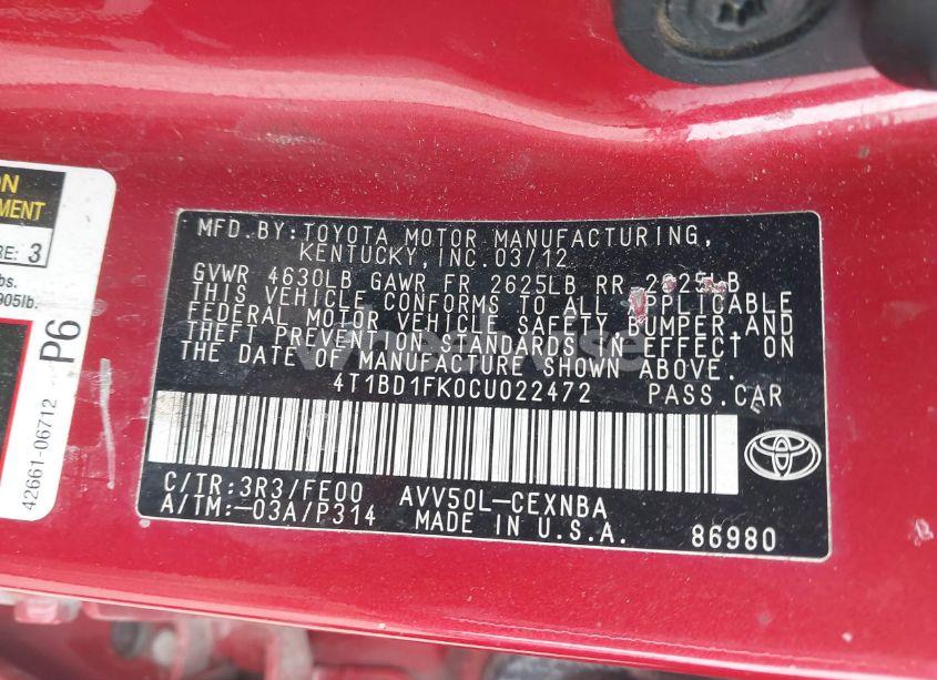 Photo 9 of 2012 Toyota Camry HYBRID LE (VIN 4T1BD1FK0CU022472)