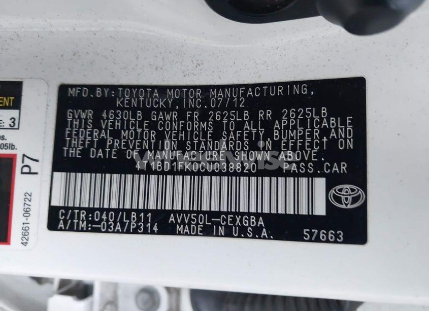 Photo 9 of 2012 Toyota Camry HYBRID XLE (VIN 4T1BD1FK0CU038820)