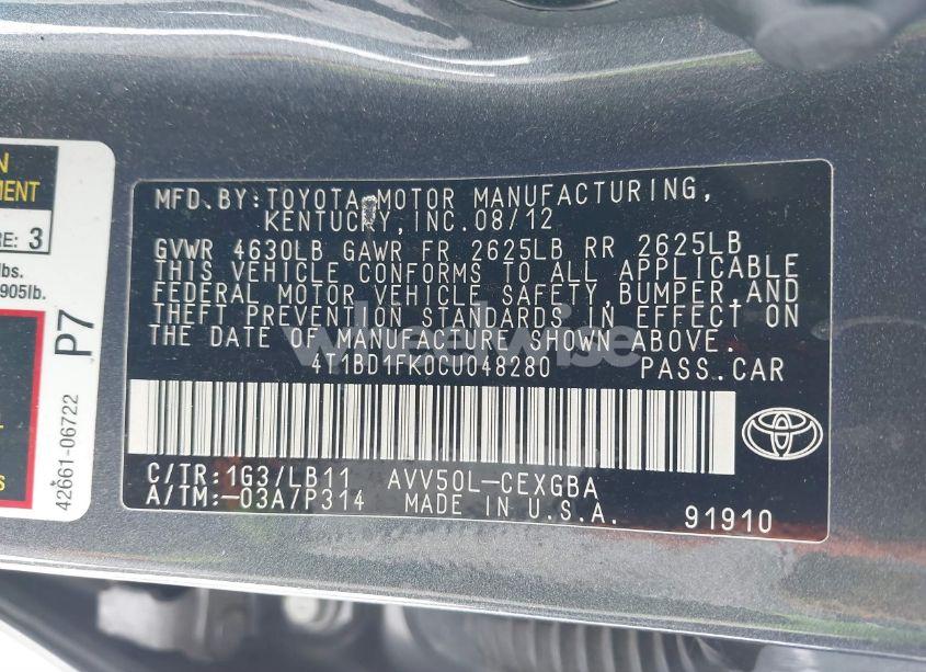 Photo 9 of 2012 Toyota Camry HYBRID XLE (VIN 4T1BD1FK0CU048280)