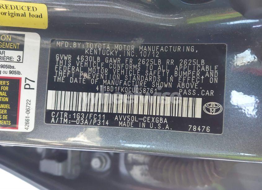 Photo 9 of 2012 Toyota Camry HYBRID XLE (VIN 4T1BD1FK0CU058761)