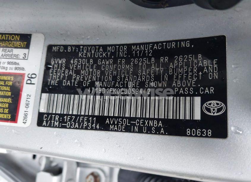 Photo 9 of 2012 Toyota Camry HYBRID LE (VIN 4T1BD1FK0CU059442)
