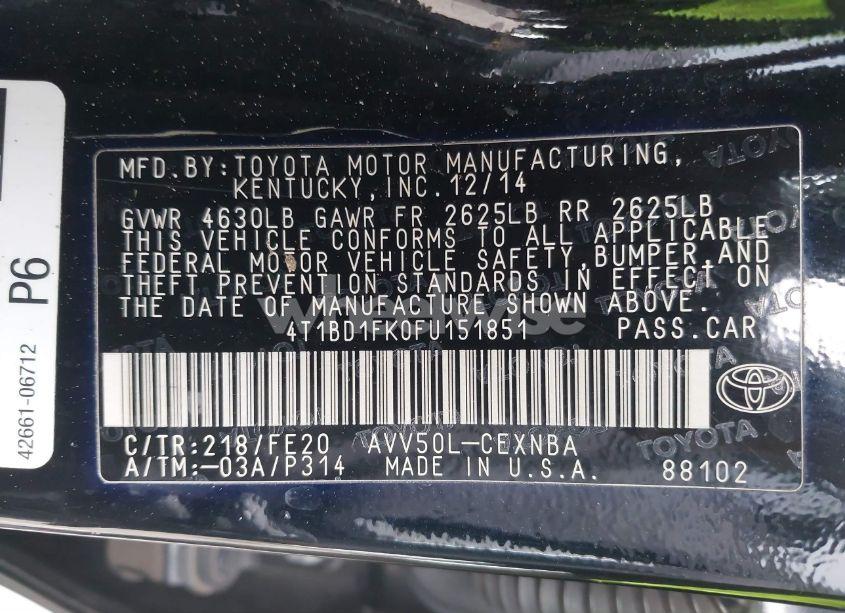 Photo 9 of 2015 Toyota Camry HYBRID LE (VIN 4T1BD1FK0FU151851)