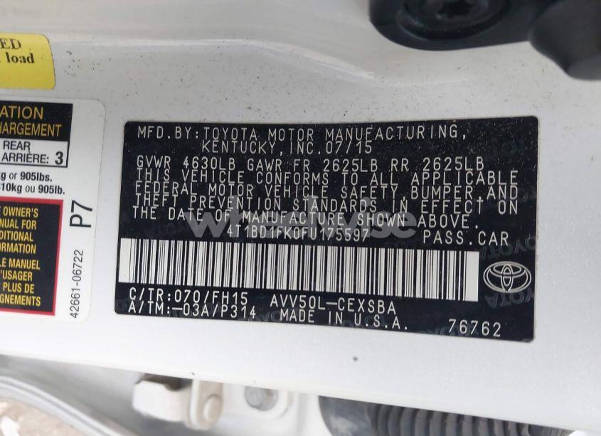 Photo 9 of 2015 Toyota Camry HYBRID/LE/XLE/SE (VIN 4T1BD1FK0FU175597)