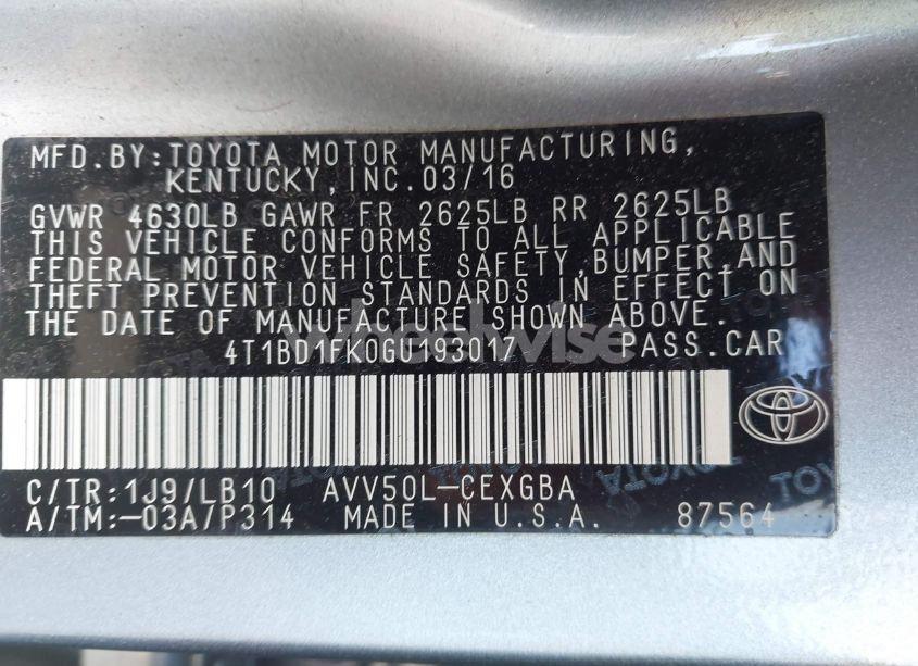 Photo 9 of 2016 Toyota Camry HYBRID XLE (VIN 4T1BD1FK0GU193017)