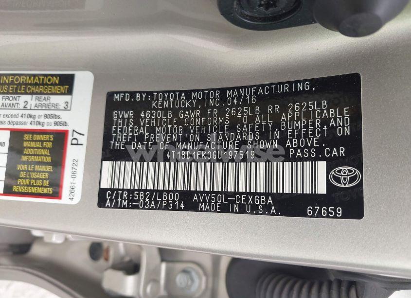 Photo 9 of 2016 Toyota Camry HYBRID XLE (VIN 4T1BD1FK0GU197519)