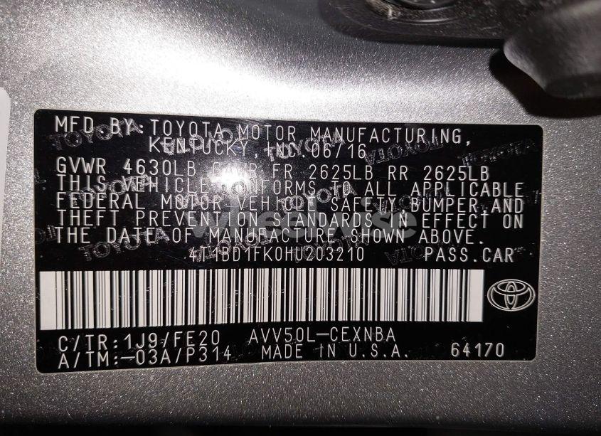 Photo 9 of 2017 Toyota Camry HYBRID LE (VIN 4T1BD1FK0HU203210)