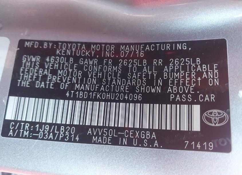 Photo 9 of 2017 Toyota Camry HYBRID XLE (VIN 4T1BD1FK0HU204096)