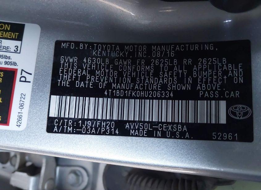 Photo 9 of 2017 Toyota Camry HYBRID SE (VIN 4T1BD1FK0HU206334)