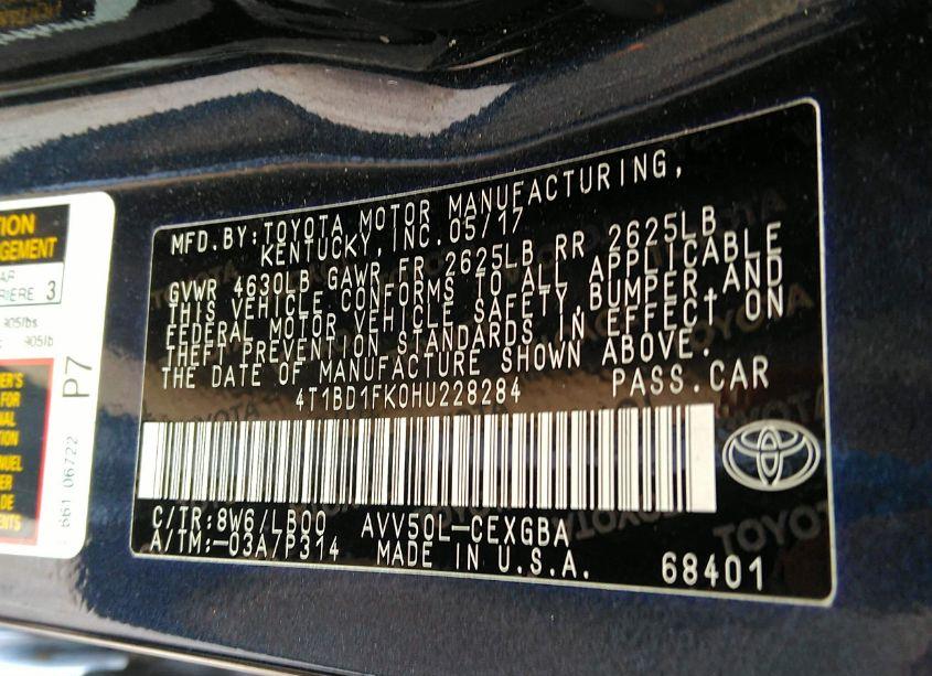 Photo 9 of 2017 Toyota Camry HYBRID XLE (VIN 4T1BD1FK0HU228284)