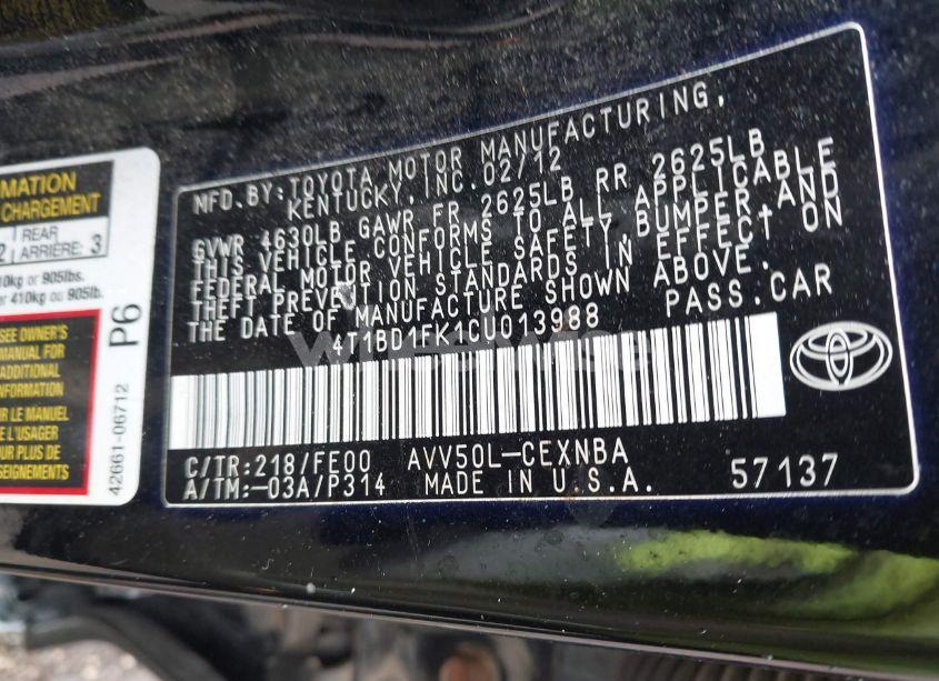 Photo 9 of 2012 Toyota Camry HYBRID LE/XLE (VIN 4T1BD1FK1CU013988)
