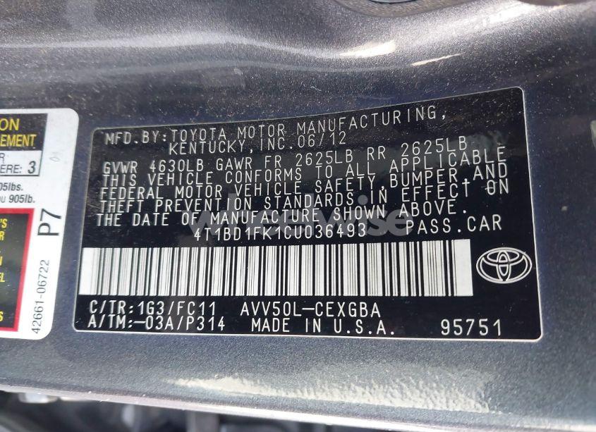 Photo 9 of 2012 Toyota Camry HYBRID XLE (VIN 4T1BD1FK1CU036493)