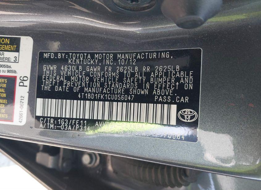 Photo 9 of 2012 Toyota Camry HYBRID LE (VIN 4T1BD1FK1CU056047)