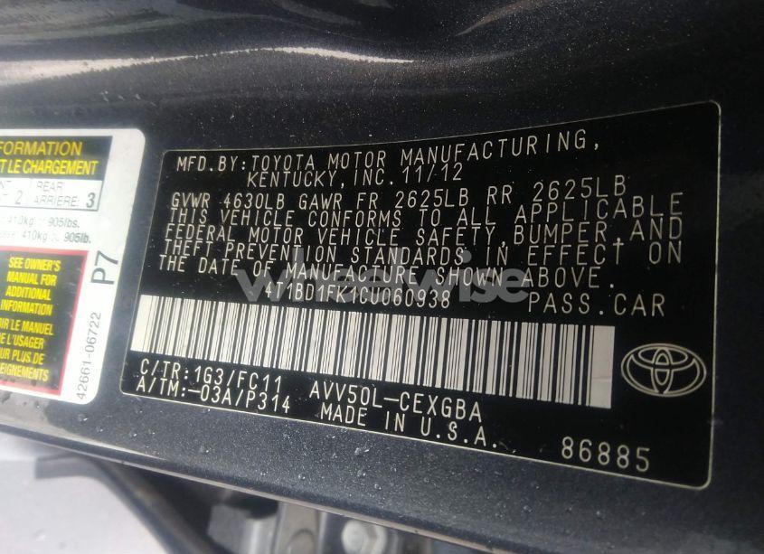 Photo 9 of 2012 Toyota Camry HYBRID XLE (VIN 4T1BD1FK1CU060938)