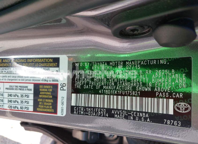 Photo 9 of 2015 Toyota Camry HYBRID LE (VIN 4T1BD1FK1FU175821)