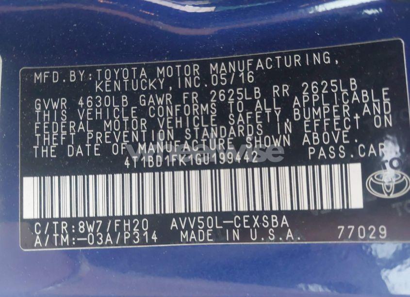 Photo 9 of 2016 Toyota Camry HYBRID SE (VIN 4T1BD1FK1GU199442)