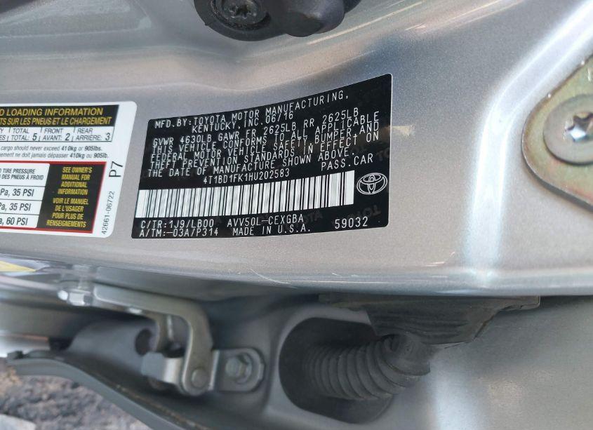 Photo 9 of 2017 Toyota Camry HYBRID XLE (VIN 4T1BD1FK1HU202583)