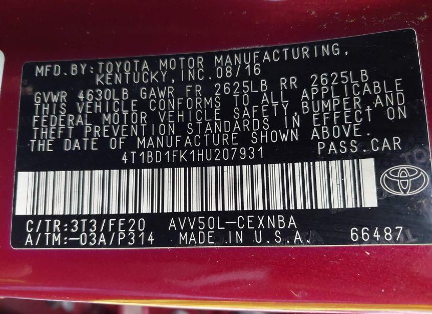 Photo 9 of 2017 Toyota Camry HYBRID LE (VIN 4T1BD1FK1HU207931)